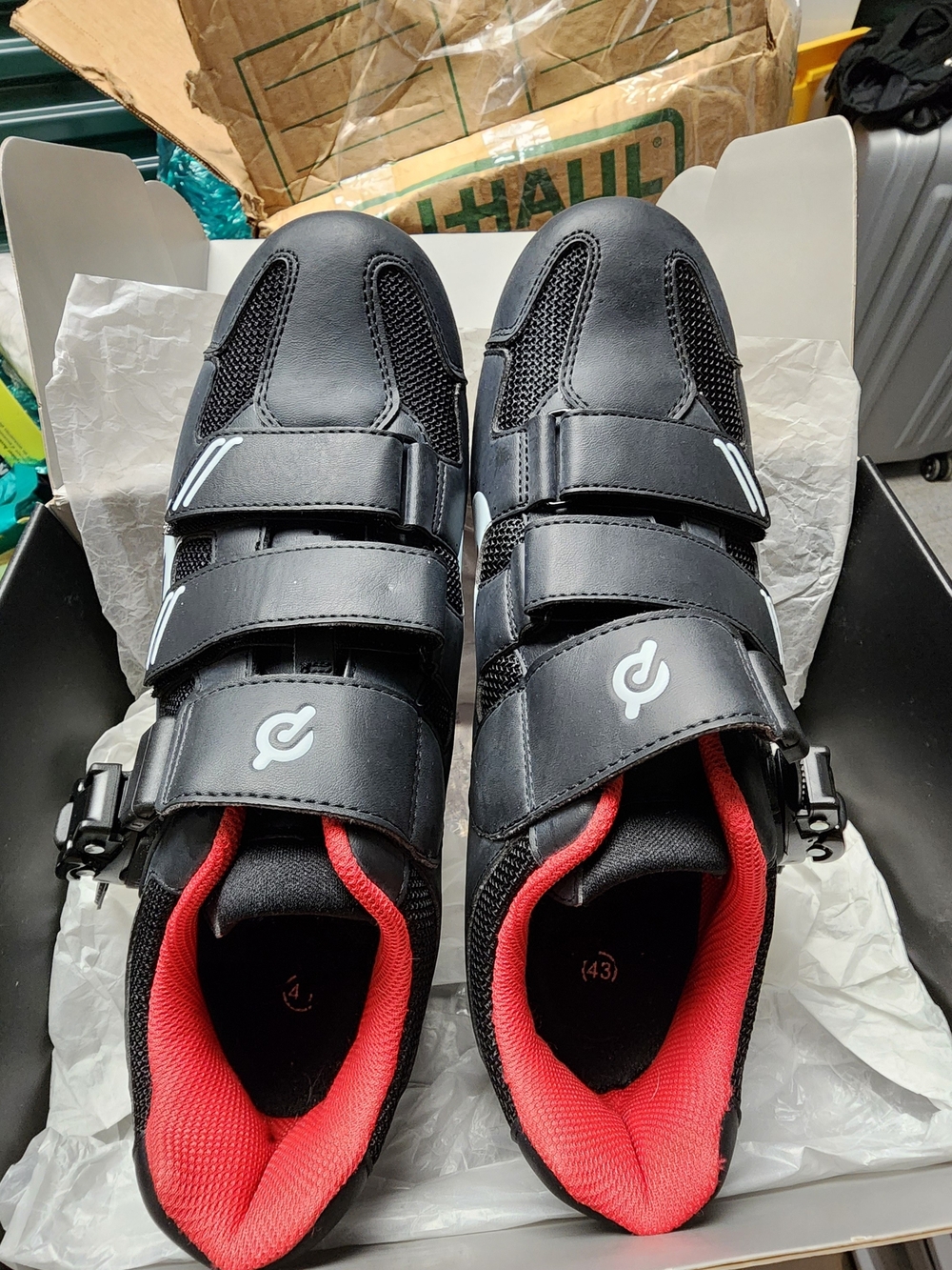 Peloton Cycling Shoes with Triple Strap and Buckle - Black with Red Lining